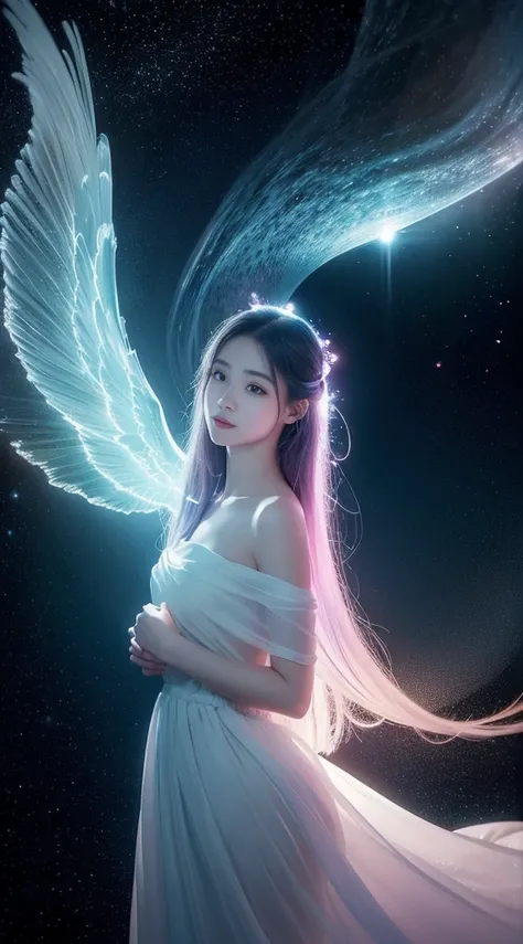 Generate a captivating AI artwork featuring an ethereal and enchanting girl surrounded by an otherworldly atmosphere. Picture her with flowing, luminescent attire that mirrors the hues of the cosmos. Infuse the scene with a soft, dreamlike glow, accentuati...