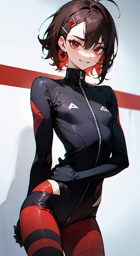 (masterpiece, sidelighting, finely detailed red eyes: 1.2), ((best quality)), ((masterpiece)), (highly detailed:1.3), anime, young girl, small chest, childish body, bodytight shirt, turtleneck, open jacket with long sleeves, body tight shorts, pale skin, (...