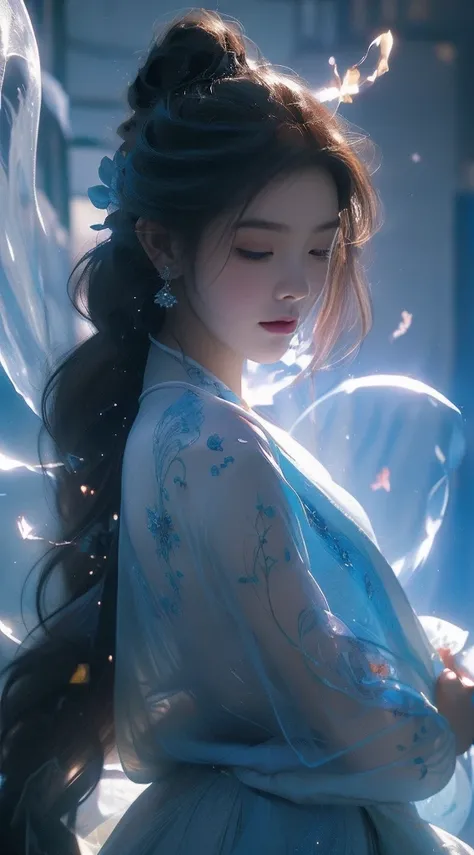 Generate a captivating AI artwork featuring an ethereal and enchanting girl surrounded by an otherworldly atmosphere. Picture her with flowing, luminescent attire that mirrors the hues of the cosmos. Infuse the scene with a soft, dreamlike glow, accentuati...