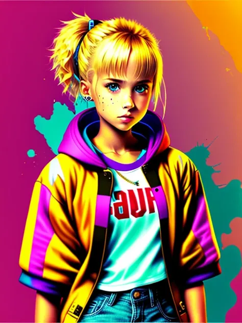 Image of a blond adult realistic girl standing, wearing hip-hop style clothes, speakers, 90s style