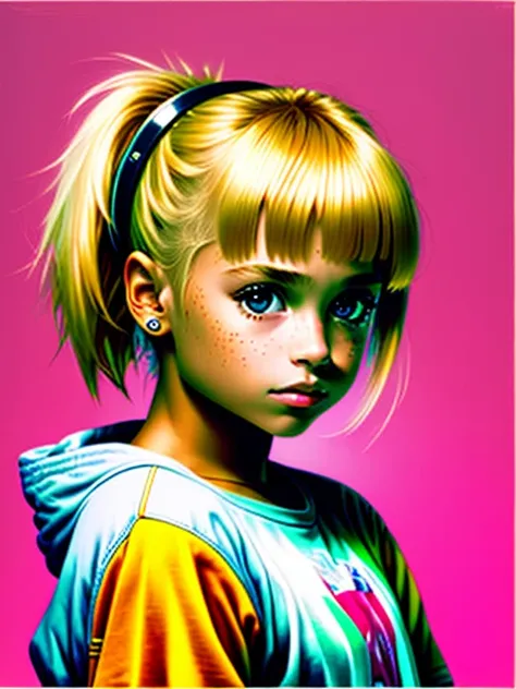 Image of a blond adult realistic girl standing, wearing hip-hop style clothes, speakers, 90s style