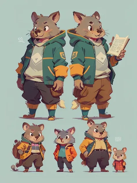 cartoon animal wombat with clothes, very stylized character design, stylized character design, game character concept art, wombat, high quality character design, full character concept art, full character design, detailed full body concept art, childrens b...