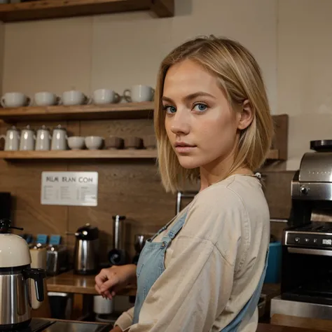 blonde instagram girl blue eyes in coffee shop natural raw side view