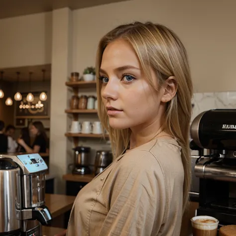 blonde instagram girl blue eyes in coffee shop natural raw side view