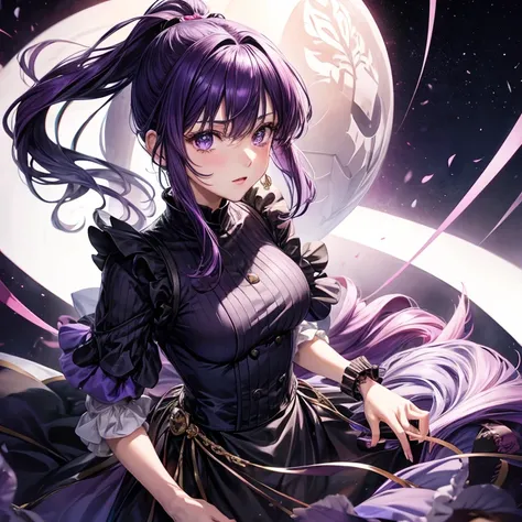 Anime girl with a mature look and purple hair in a ponytail, she is a phantom