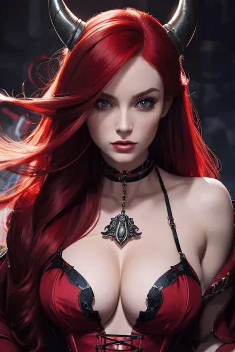 1 woman, long horns, Chanel hair, red hair, redhead, black and red lingerie, Castlevania, 30 years old, corset, cropped dress, body showing, very clear image, 8k, beautiful face, beautiful body, very beautiful clothes, seductive