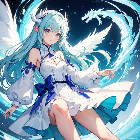 Cute anime girl who is a white ice dragon