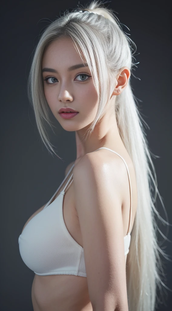 A beautiful woman with green eyes standing in the dark, wearing white bikini, cute face, white hair, ponytail hair, detailed hair, side view, super detailed, 8k