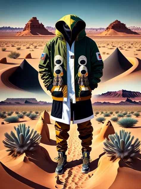 create an product for clothes, jacket for alien, contains multiple animals on it, and background of the desert, the creation contain the hands and foots and face with this jacket