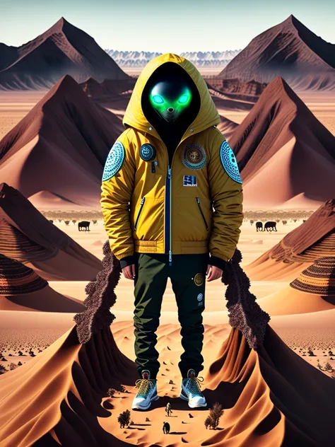 create an product for clothes, jacket for alien, contains multiple animals on it, and background of the desert, the creation contain the hands and foots and face with this jacket