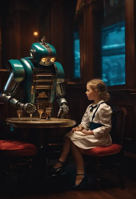 Robot in butler uniform serves seated girl