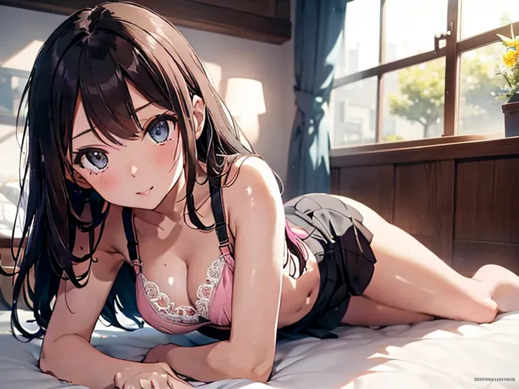 (short skirt), brown hair, long curly hair, blue eyes, little clothing, exposed skin, pink bra, ((sexy sharp face, allure)), [[playful]]], [[[bedroom]]], kneeling down, front-view, [[Leaning forwards]], head down, butt up, arched back, provocative position...