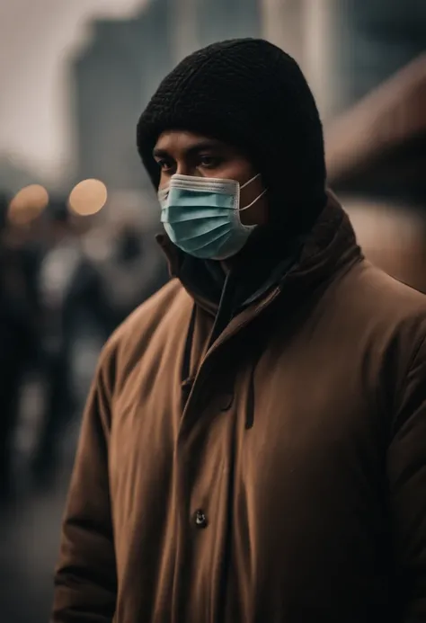 An aesthetic photo of a person wearing a protective mask in a heavily polluted city, symbolizing the growing concern over air pollution and its impact on human health