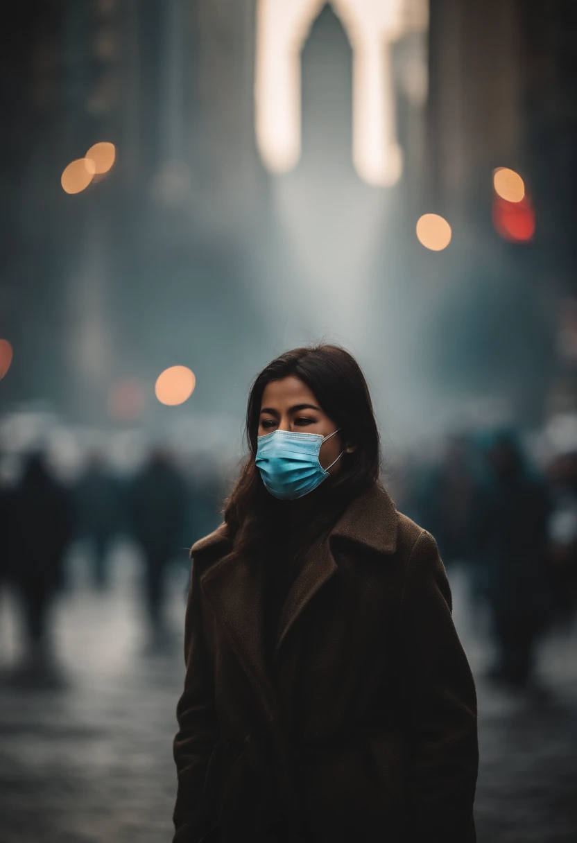 An aesthetic photo of a person wearing a protective mask in a heavily polluted city, symbolizing the growing concern over air pollution and its impact on human health