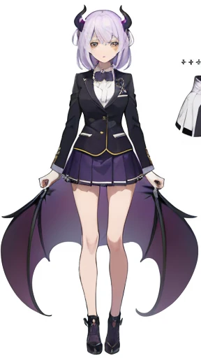 (((Best Quality))) , ((full body)), reference sheet, solo, (white background), demon horns, succubus, mini skirt, violet outfit, blazer,