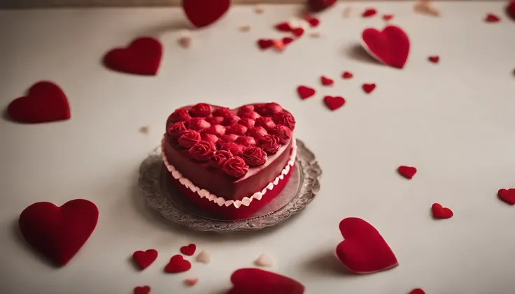 A high-definition image of a bold, crimson heart-shaped cake with intricate frosting designs, capturing the sweetness and indulgence of Valentine’s Day