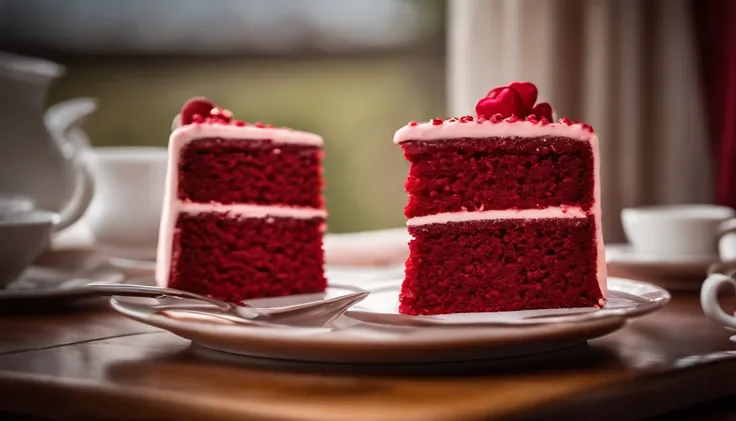 A high-definition image of a bold, crimson heart-shaped cake with intricate frosting designs, capturing the sweetness and indulgence of Valentine’s Day