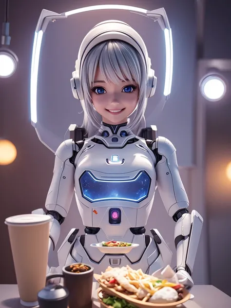 Advanced design, perfect proportions, cute smile for takeout, 3D robot holding meal, super realistic, very detailed, cute and dreamy, advanced technology,Futuristic ultra high definition depth of field cinematic lighting effects fantasy art and happy atmos...