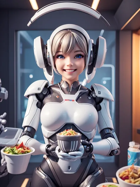 Advanced design, perfect proportions, cute smile for takeout, 3D robot holding meal, super realistic, very detailed, cute and dreamy, advanced technology,Futuristic ultra high definition depth of field cinematic lighting effects fantasy art and happy atmos...