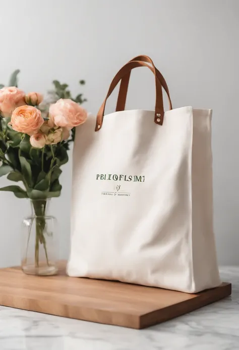 An aesthetic photo of a blank tote bag mockup placed on a marble countertop with fresh flowers and stylish accessories, showcasing its versatility as a fashion statement