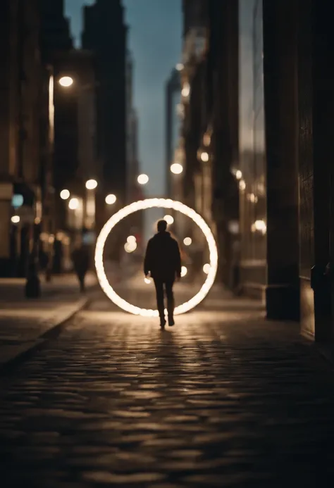 a lifestyle shot of a person walking through a bokeh cityscape background, with circle lights creating a halo effect around them, adding a sense of motion and storytelling to the design