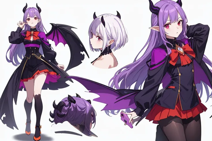 (((Best Quality))) , ((full body)), reference sheet, solo, (white background), demon horns, succubus, mini skirt, violet outfit, ,Devil Wings，
 multiple views, white background, variety of hairstyles, variety of fashion styles, seductive pose, fashionable ...