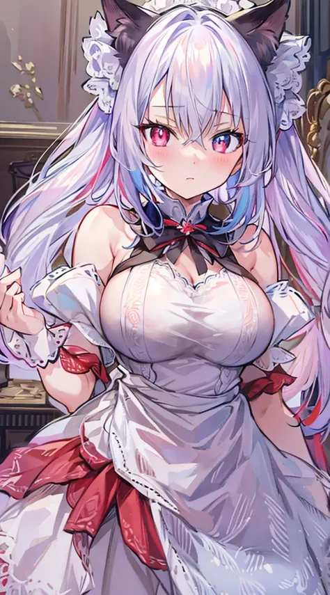 ((masterpiece, maximum quality, ultra quality, ultra high quality, maximum detail, well defined, 8k)), nsfw, 1 girl, ((detailed eyes)), ((bright pupils, heterochromatic pupils, right blue, left red )), long white hair, white cat ears, ((maid)), ((breasts v...