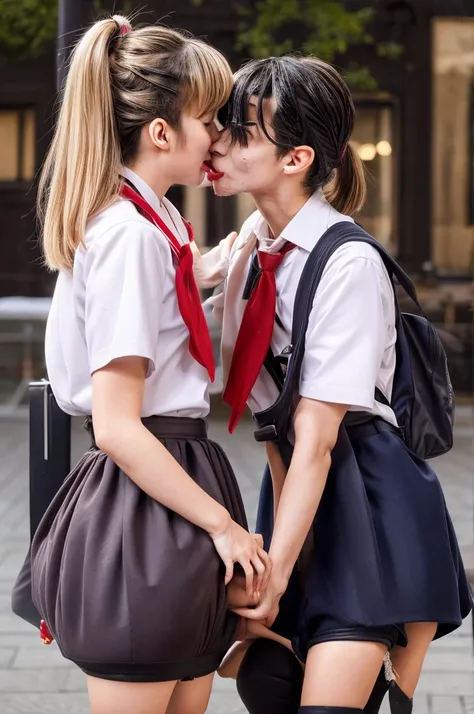 Top quality, photorealistic, Two young teenagers are kissing in the square, blonde, hand on hips, Outdoors, ponytails, lesbian kiss, Skirt, Long hair, Bag, serafuku, backpack, blush, neckerchief, Blonde hair, Black hair, shairband, Hair Ornament, hug, hear...