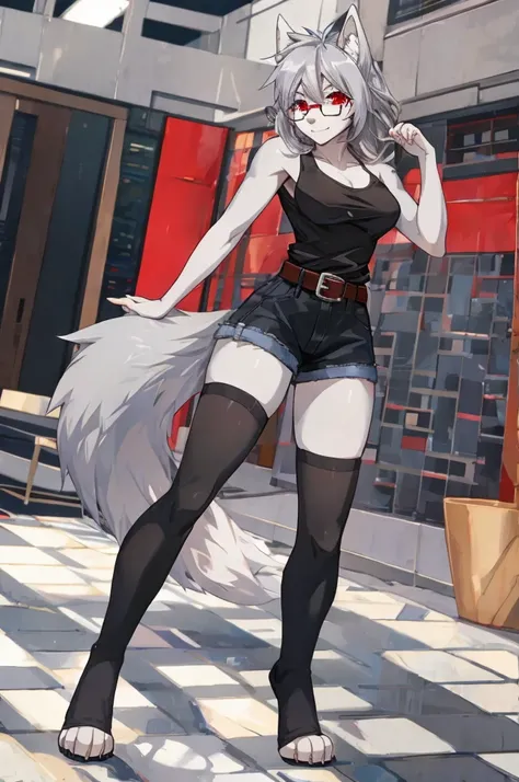 sexy female, silver hair, gray fur, wolf ears, wolf tail, red eyes, black dress shirt, pink tank top, gray denim short shorts, black belt , glasses, black toeless thigh high socks