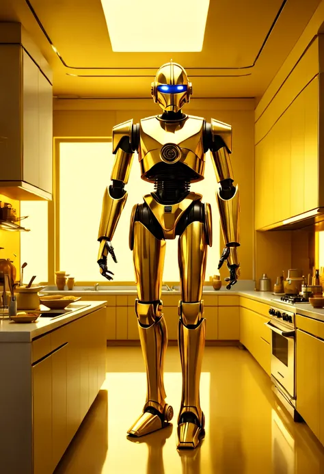 by Ralph McQuarrie, gold robot in "star war", kitchen, enhance, intricate, (best quality, masterpiece, Representative work, official art, Professional, unity 8k wallpaper:1.3)