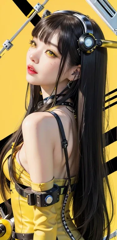 profile photo, in front of the yellow wall, Asian cyborg woman without body, connected by cable, Twisted cable and wire and LED, Charming eyes bodypunk PLC robot、silver motor head, with ray gun, 80 degree field of view, art by：sergio lopez, natalie shau, J...