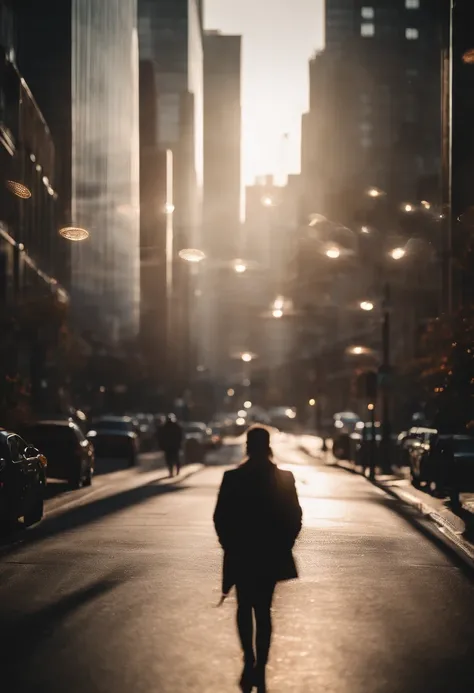 a lifestyle shot of a person walking through a bokeh cityscape background, with circle lights creating a halo effect around them, adding a sense of motion and storytelling to the design