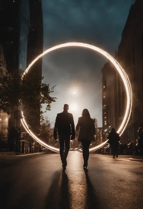 a lifestyle shot of a person walking through a bokeh cityscape background, with circle lights creating a halo effect around them, adding a sense of motion and storytelling to the design