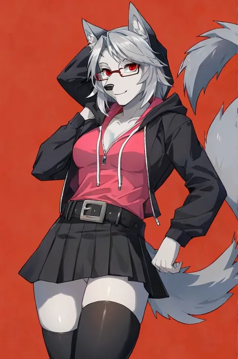 sexy female, silver hair, gray fur, wolf ears, wolf tail, red eyes, black zip up hoodie, pink shirt, gray denim skirt, black belt , glasses, black toeless thigh high socks