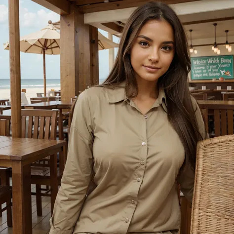 Long Dark brown hair colour. Hazel green eye colour. Equal face features. Subtle cheek dimples. Skin tone is tanned. Age 30 years old. Full body image. happy, fun expression. dressed in smart clothes. One person in the image only. Beach location. Restauran...