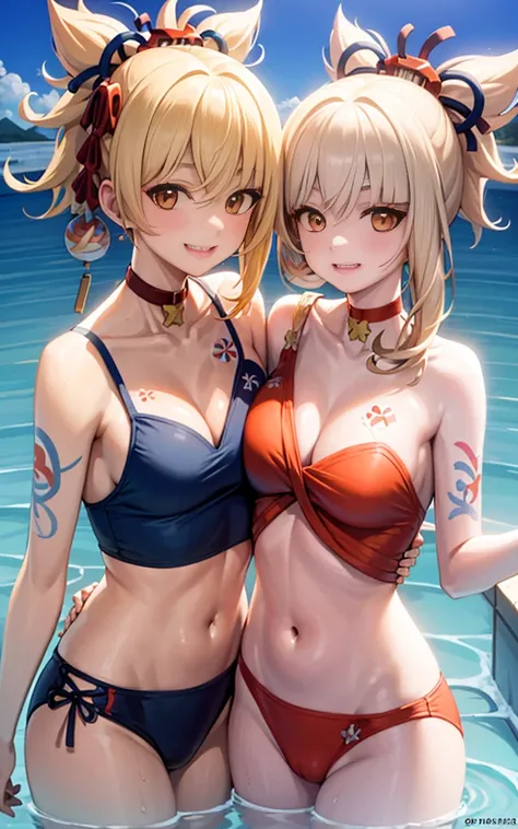 Two girls smiling in the water in the bathtub without showing their teeth. Female twins， vibrant with colors，Natural lighting, best quality, chest to chest, holding each other, sunny masterpiece, navel exposed, blushing, orange swimsuit