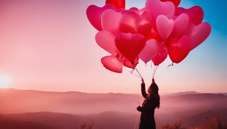 An aesthetic photo of an arrangement of heart-shaped balloons in various shades of pink and red against a bright, blue sky, creating a whimsical backdrop