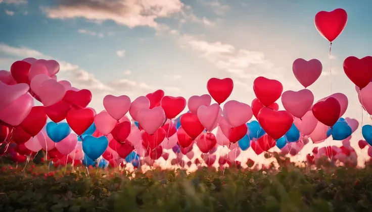 An aesthetic photo of an arrangement of heart-shaped balloons in various shades of pink and red against a bright, blue sky, creating a whimsical backdrop