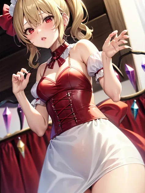 ,best qualtiy, 1 girl in,Flandre Scarlet,Blonde ponytail、maid costume、embarrassed from