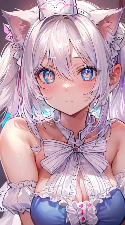 ((masterpiece, maximum quality, ultra quality, ultra high quality, maximum detail, well defined, 8k)), nsfw, 1 girl, ((detailed eyes)), ((bright pupils, heterochromatic pupils, blue and red )), long white hair, white cat ears, ((maid)), ((breasts visible, ...