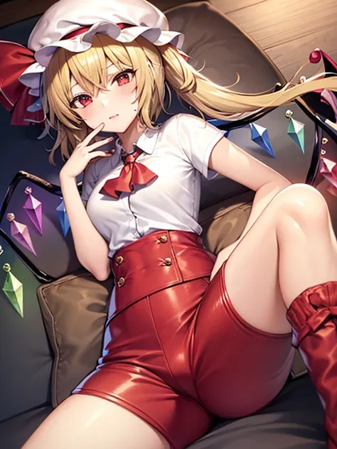 ,best qualtiy, 1 girl in,Flandre Scarlet,Blonde ponytail、One pair of pants