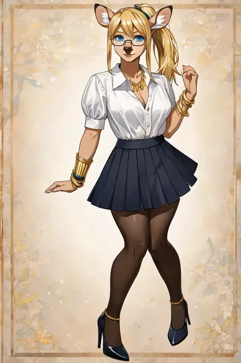 sexy female, deer, deer tail, blond hair, ponytail, blue eyes, white ruffled blouse, black knee length skirt, tights, black heels, gold bracelets, gold necklace, glasses.