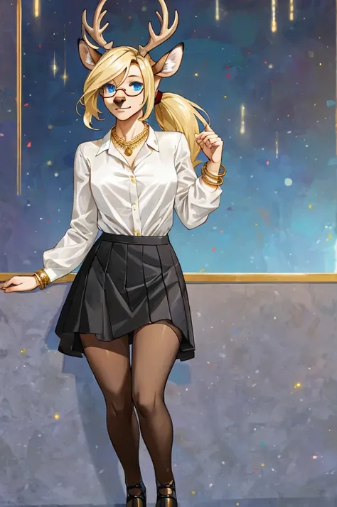 sexy female, deer, deer tail, blond hair, ponytail, blue eyes, white long sleeved ruffled blouse, black knee length skirt, tights, black heels, gold bracelets, gold necklace, glasses.