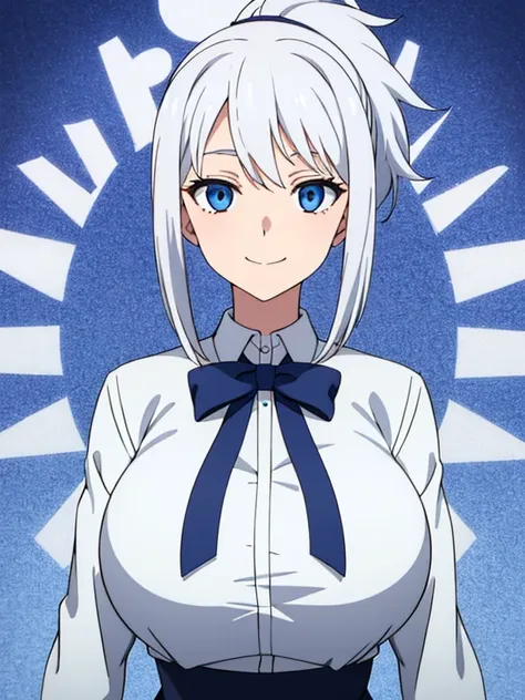 a cute girl, school uniform, large breast, white hair, blue eyes, ponytail, upper body, body focus, turn your eyes here, smile, brush, ashamed, Place the character in the center