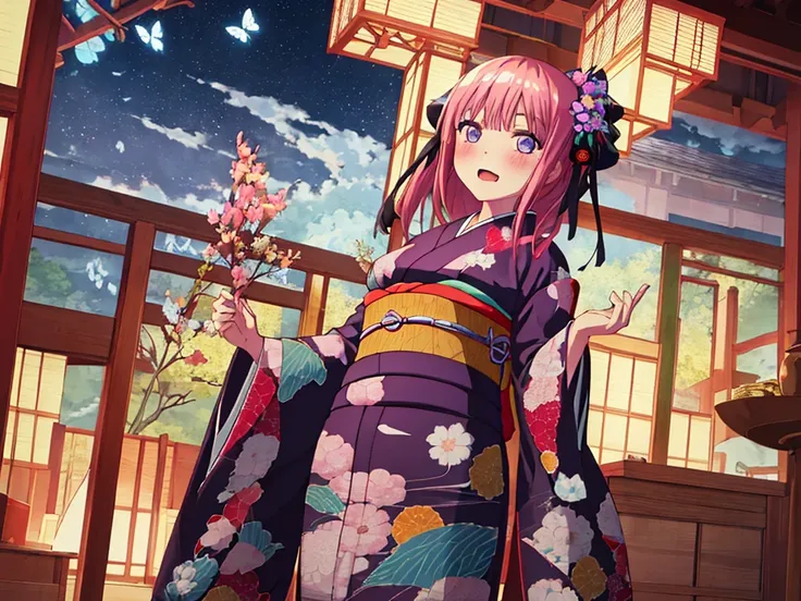 {Best Quality}, {very aesthetic}, {Ultra-detailed}, {Best Illustration}, one girls, japanese kimono, Kimono with butterfly pattern