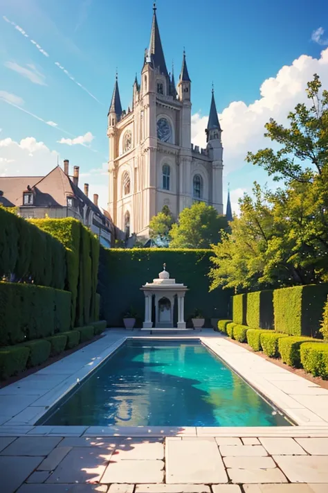 There is a fountain in the center of the green lawn, palace background, Epic spacious courtyard, royal garden background, arte de fundo, random background scene, A swimming pool in a huge palace, arte de fundo品, cathedral background, castle background, vol...