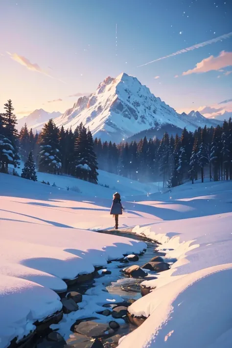 A person standing in a snowy landscape, looking at a tree. , animated scene, Poromir in the world of animation, The Legend of Wen Lan, screenshot from an animated film, Boromir in the 80s, Anime world, Movie still from an anime film, Todays recommended ani...