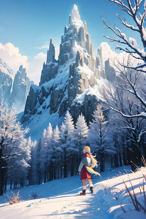 A person standing in a snowy landscape, looking at a tree. , animated scene, Poromir in the world of animation, The Legend of Wen Lan, screenshot from an animated film, Boromir in the 80s, Anime world, Movie still from an anime film, Todays recommended ani...