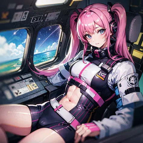 （（（​masterpiece、Top image quality、top-quality、highly detailed unity 8ｋwall-paper）））、（（Illustration of one adult））、（（25-years old））、（pilot）、（（（Beautiful girl with a beautiful face、The body is a man）））、（（（Twintails with pink hair）））、Light gray eyes、（（Tall））、...