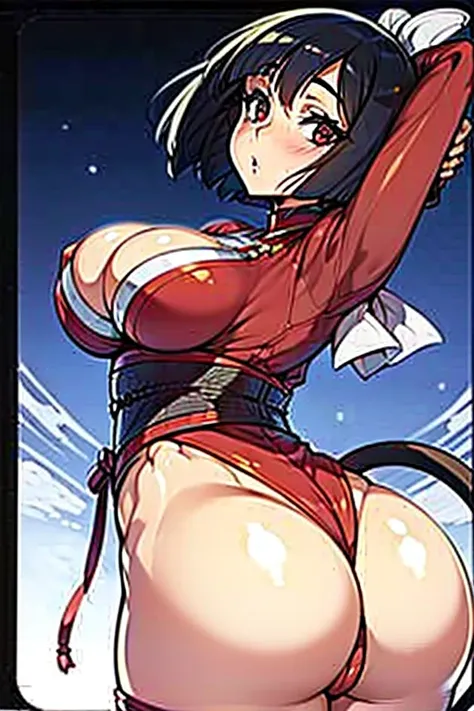 (hard disk, sharp, fractals), 1人の女性,cel shaded animation, Super glossy skin, monkey ears, monkey tail, bob cuts, jpn, (Japanese style costume,wide hips,Big ass,